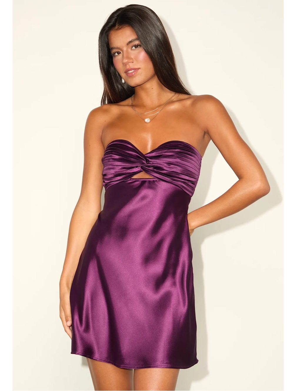 Lulus Narina Plum Purple Satin Pleated Strapless Mini Dress Medium NWT